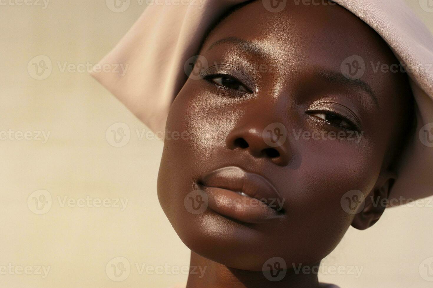 ritratto di un' bellissimo africano americano donna con buio pelle e naturale trucco ai generato foto