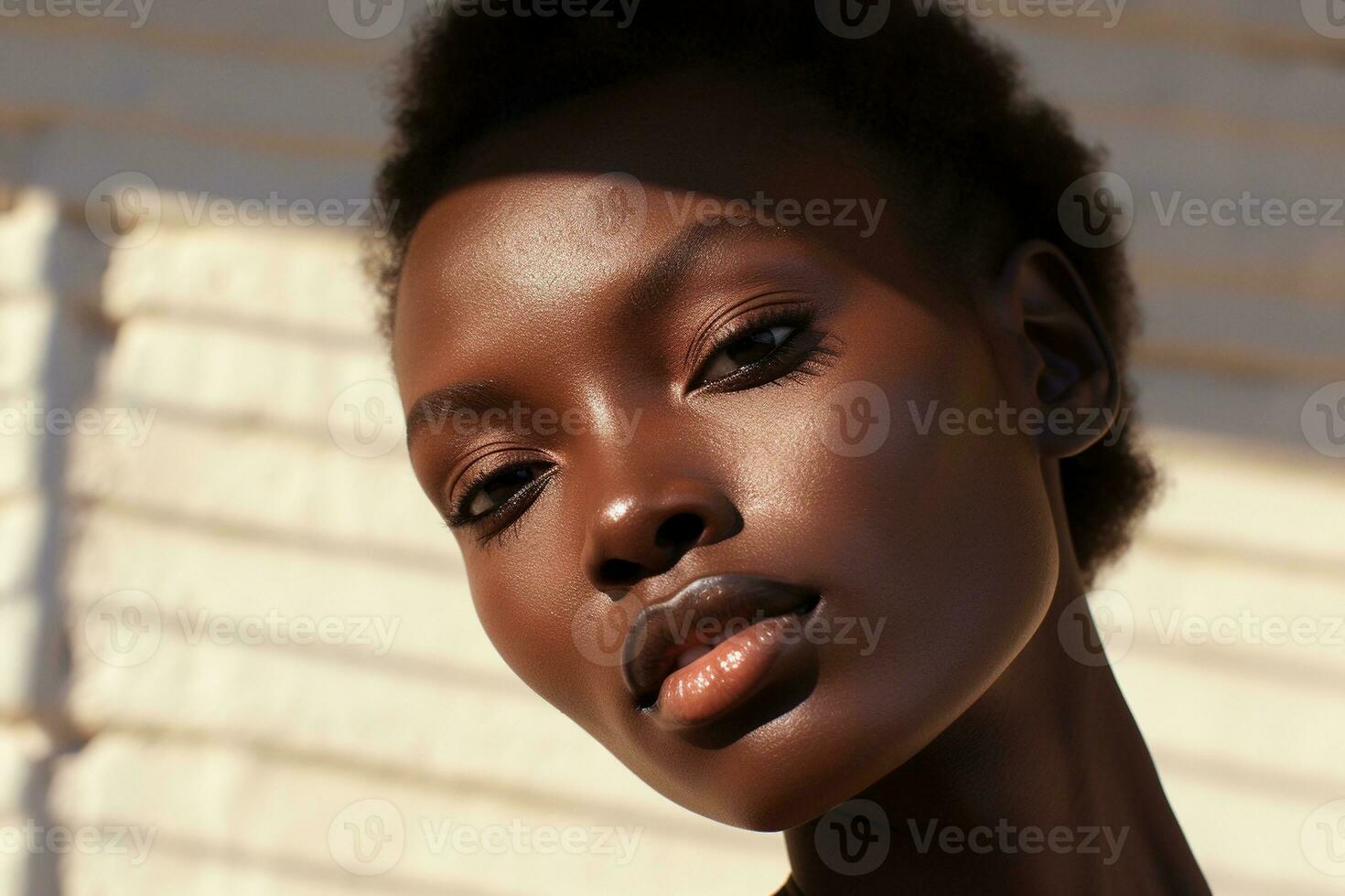 ritratto di un' bellissimo africano americano donna con buio pelle e naturale trucco ai generato foto