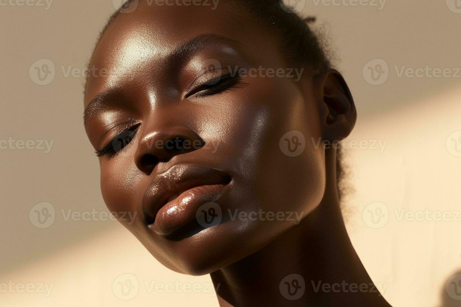 ritratto di un' bellissimo africano americano donna con buio pelle e naturale trucco ai generato foto