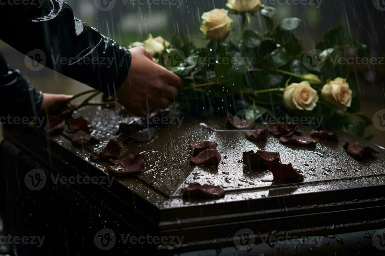 avvicinamento di un' funerale cofanetto a un' cimitero con fiori nel il pioggia, mano su il tomba nel il pioggia con buio sfondo e rosa ai generato foto