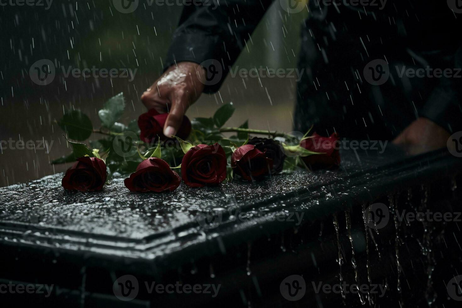 avvicinamento di un' funerale cofanetto a un' cimitero con fiori nel il pioggia, mano su il tomba nel il pioggia con buio sfondo e rosa ai generato foto