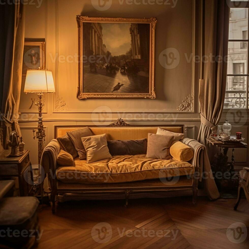 arafed divano nel un' vivente camera con un' pittura su il parete. generativo ai. foto