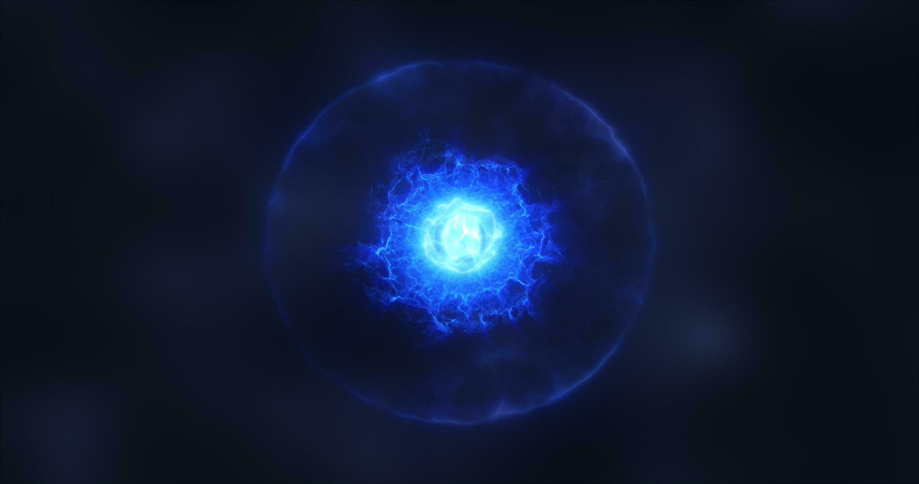 astratto blu sfera atomo con elettroni volante raggiante luminosa particelle e energia Magia campo, scienza futuristico hi-tech sfondo foto