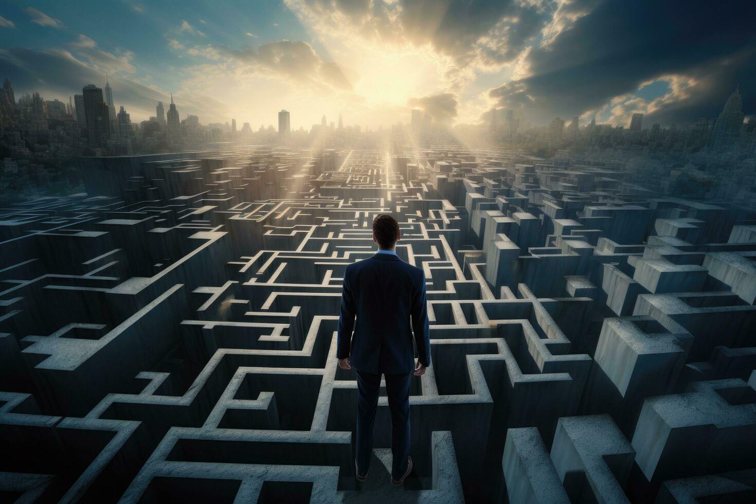uomo d'affari in piedi nel davanti di un' labirinto e guardare a il sole, uomo d'affari in piedi su superiore di un' labirinto guardare a il modo per successo, ai generato foto