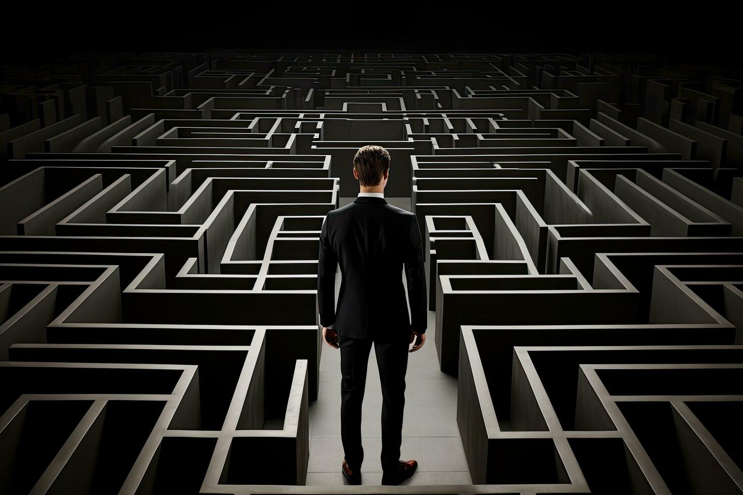 uomo d'affari in piedi nel davanti di un' labirinto e guardare a il soluzione, uomo d'affari in piedi nel davanti di un' grande labirinto su un' nero sfondo, ai generato foto