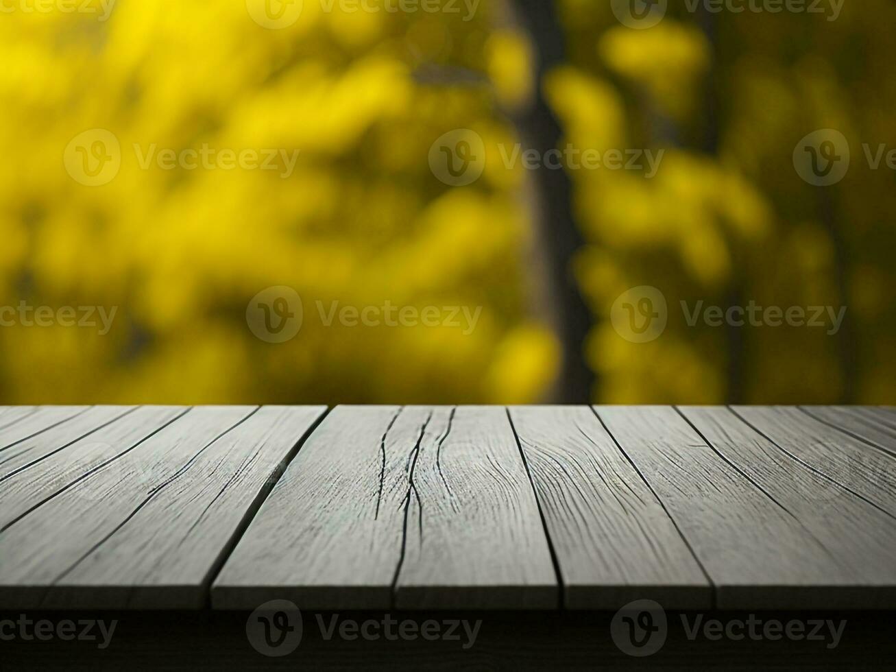 di legno tavolo e sfocatura tropicale giallo colore sfondo, Prodotto Schermo montaggio. alto qualità foto 8 mila fhd ai generato