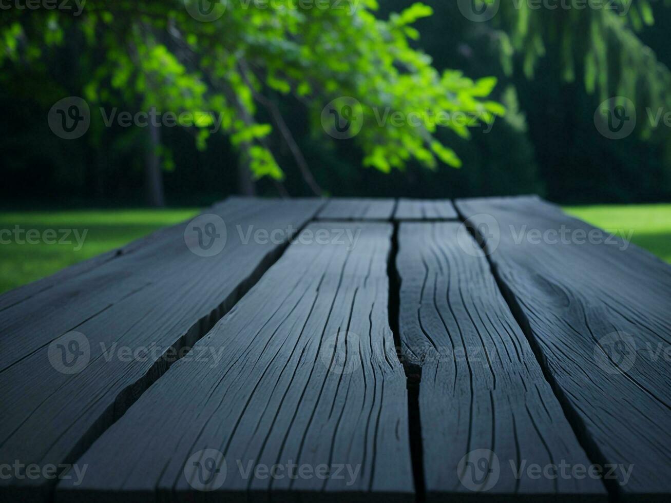 di legno tavolo e sfocatura tropicale verde erba sfondo, Prodotto Schermo montaggio. alto qualità foto 8 mila fhd ai generato