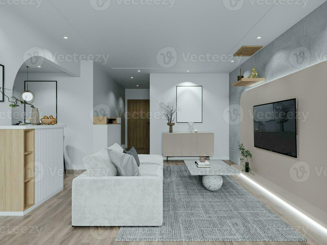 inteligente vivente spazio con semplicità e minimo arte, di legno pavimento, velluto divano 3d interpretazione foto