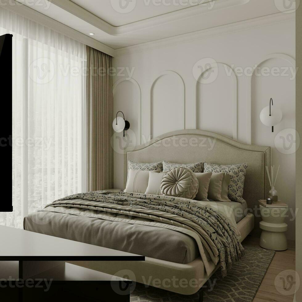 lussuoso Camera da letto interno disegno, parete decorazione, tavolo, letto e bianca tema studio appartamento 3d interpretazione foto