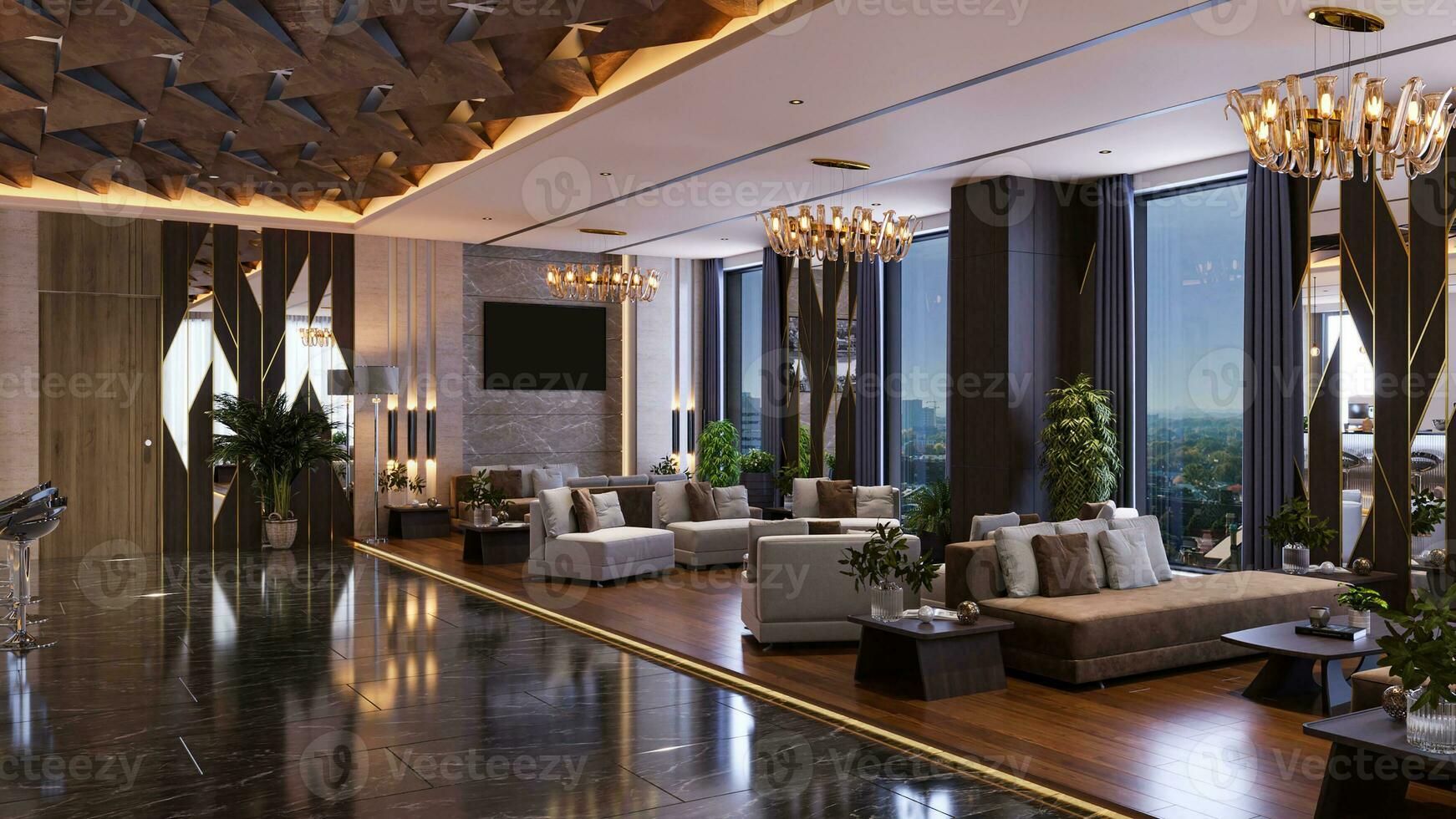 la creazione di un' caldo e accogliente ricezione interno per il tuo atrio con moderno mobilia per un' Hotel interno design 3d interpretazione foto