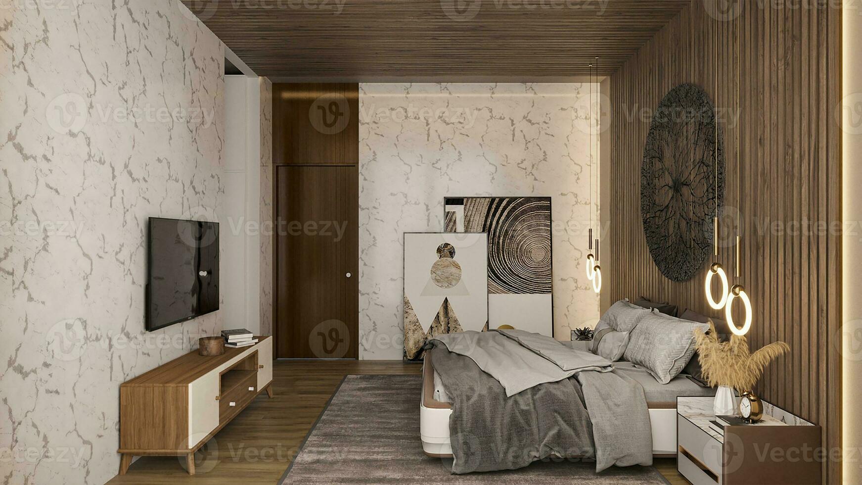Doppio camera interno design con moderno mobilia e parete design opera d'arte e elegante sfondo di moda idee 3d interpretazione foto