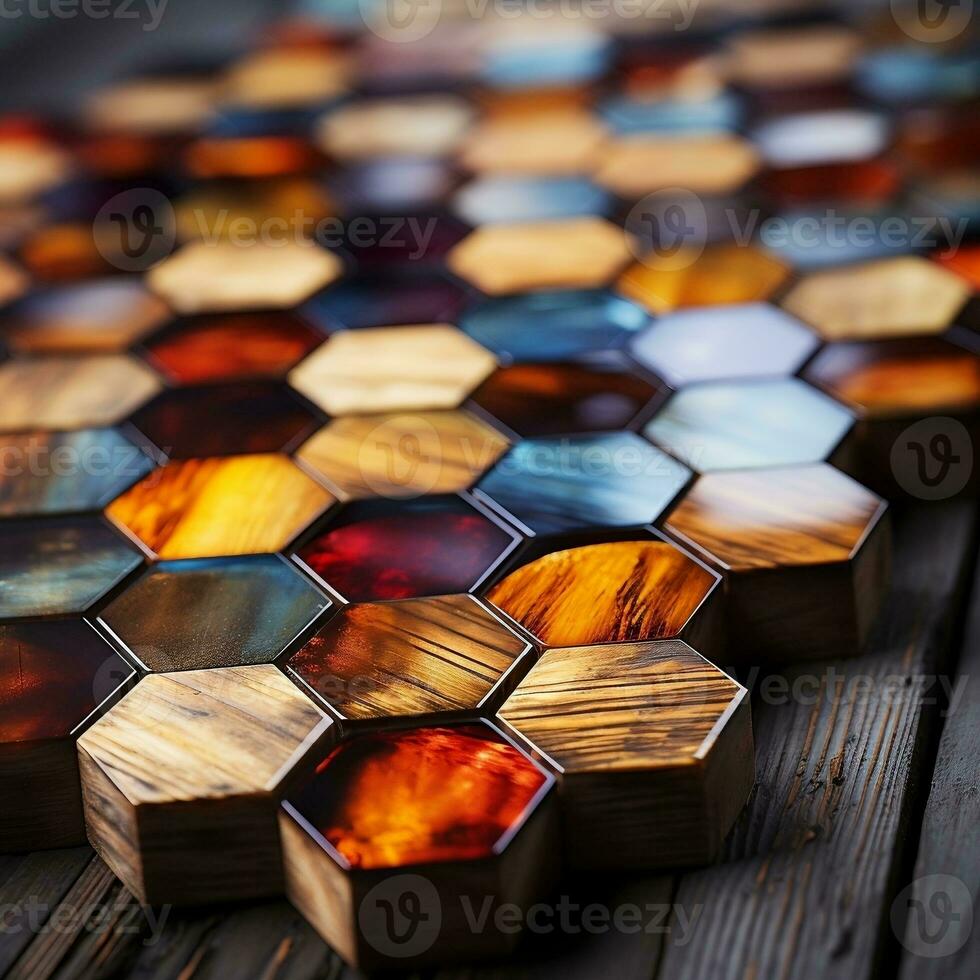 astratto di legno senza soluzione di continuità esagonale mosaico piastrelle sfondo con esagoni cubi nel di legno struttura generativo ai foto