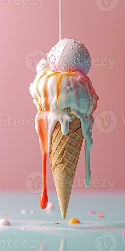 scoop di ghiaccio crema fusione su cialda cono piovigginato con salsa su rosa sfondo. creato con generativo ai tecnologia foto