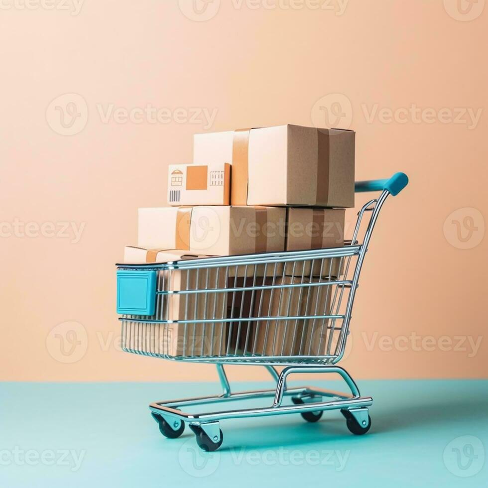 shopping carrello con pila di pacchi su leggero arancia e blu sfondo. creato con generativo ai tecnologia foto