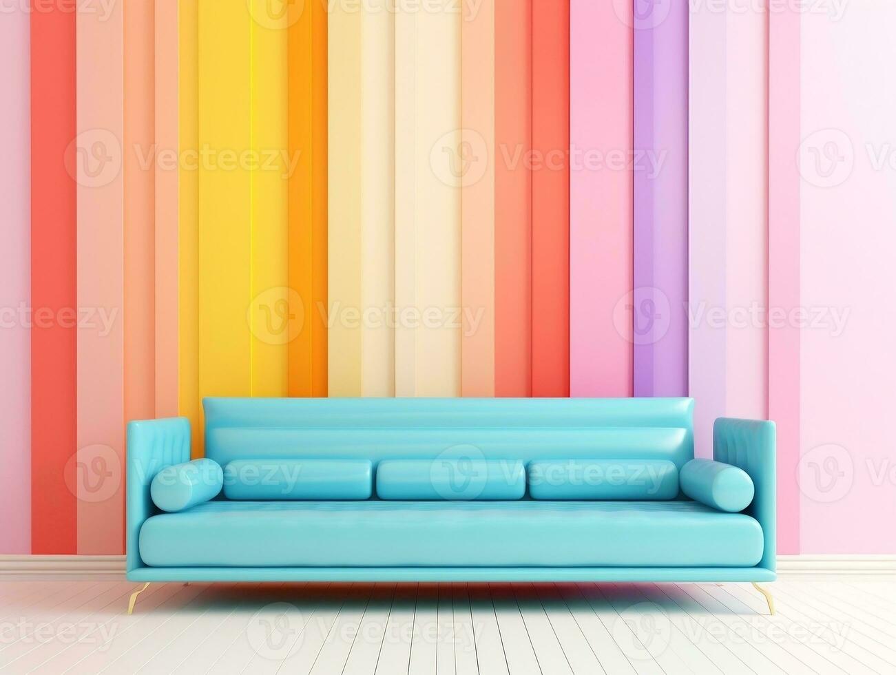 pastello multicolore vivace Groovy retrò a strisce sfondo parete telaio con luminosa divano interno casa design generativo ai foto