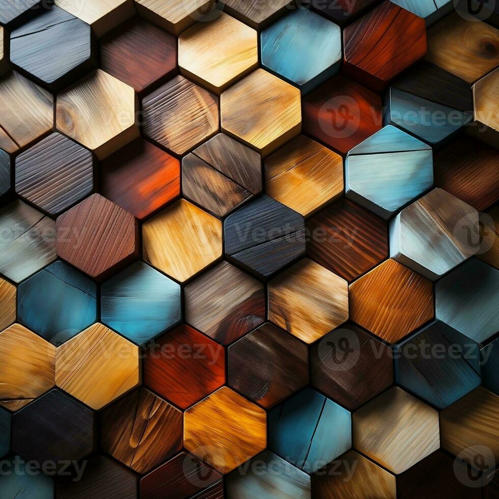 astratto di legno senza soluzione di continuità esagonale mosaico piastrelle sfondo con esagoni cubi nel di legno struttura generativo ai foto