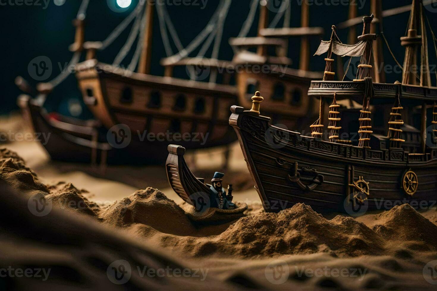 un' miniatura nave nel il sabbia. ai-generato foto