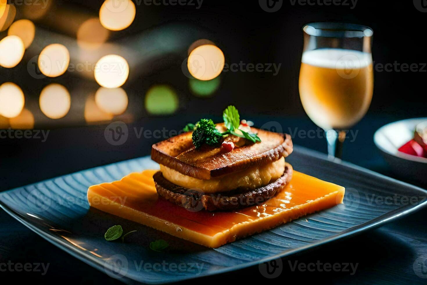 un' piatto con un' Sandwich e un' bicchiere di vino. ai-generato foto