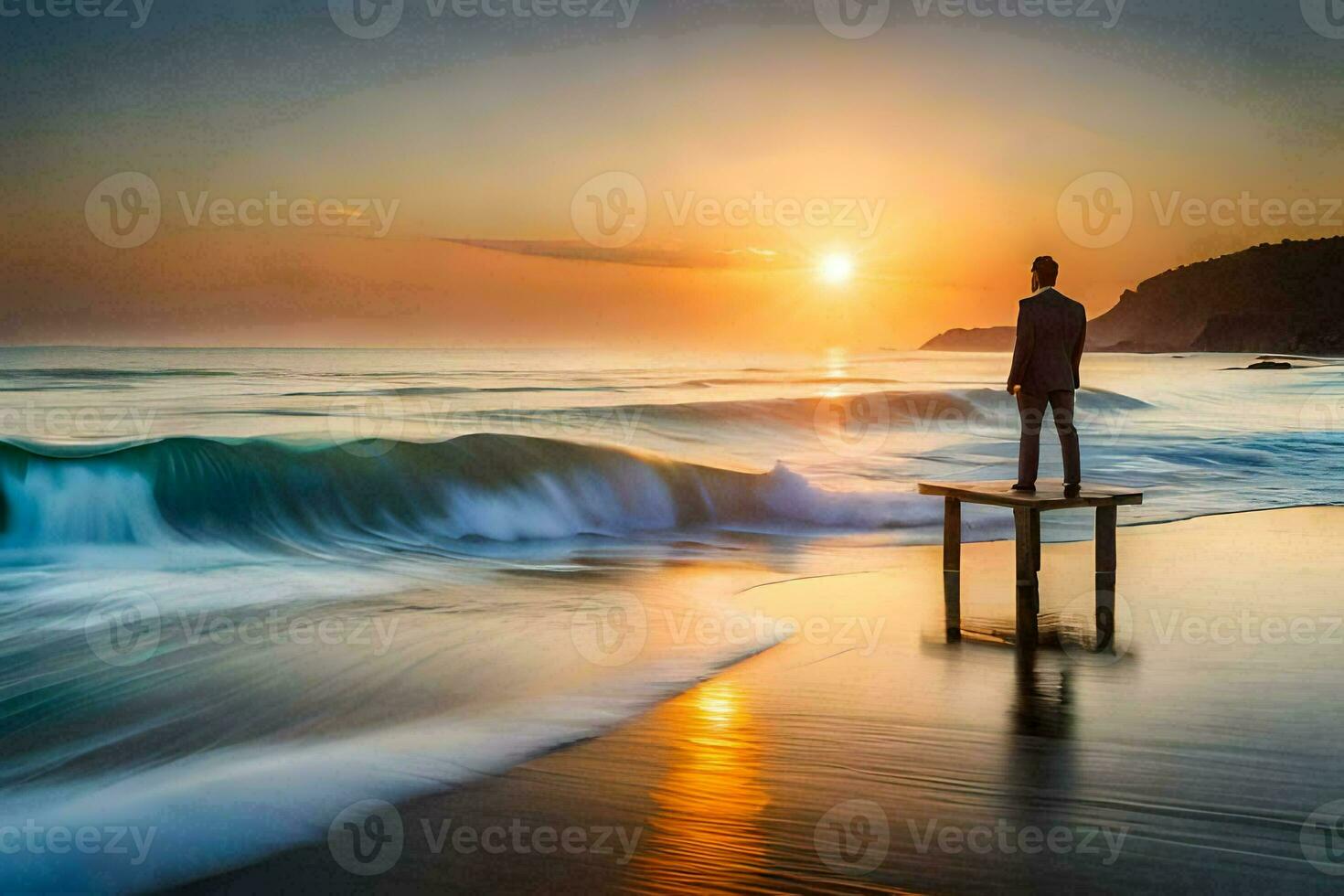 un' uomo sta su un' di legno molo a tramonto. ai-generato foto