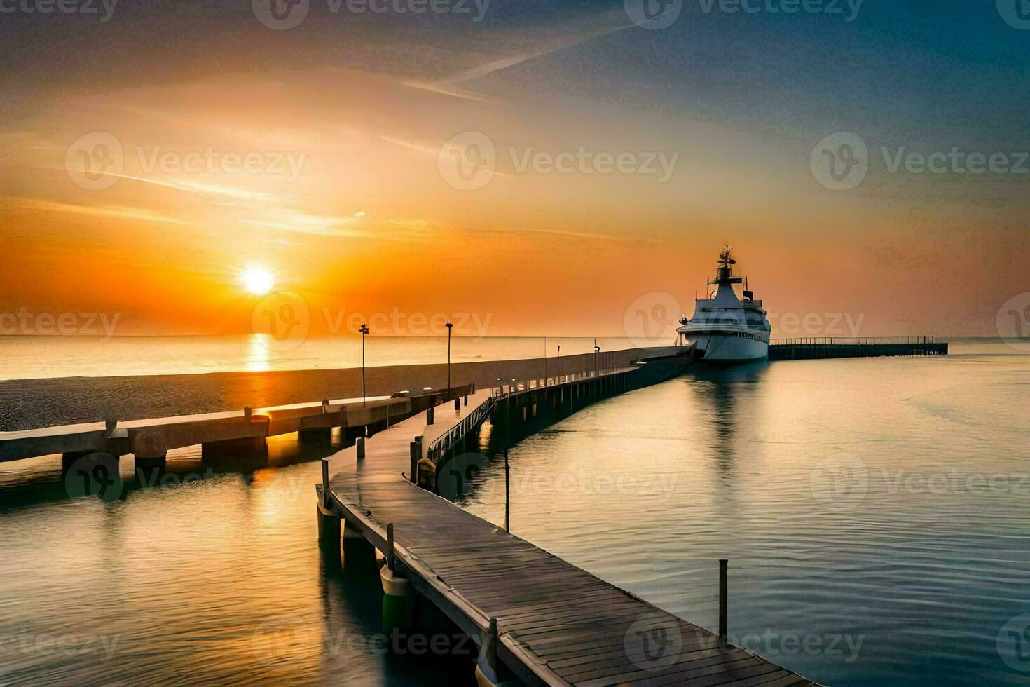 un' barca attraccato a il fine di un' molo a tramonto. ai-generato foto