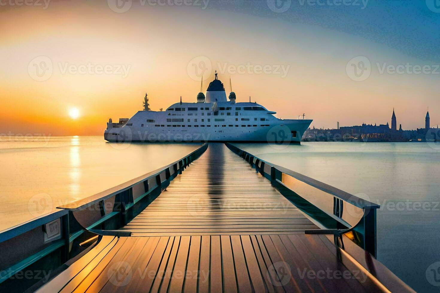 un' crociera nave attraccato a il fine di un' molo a tramonto. ai-generato foto