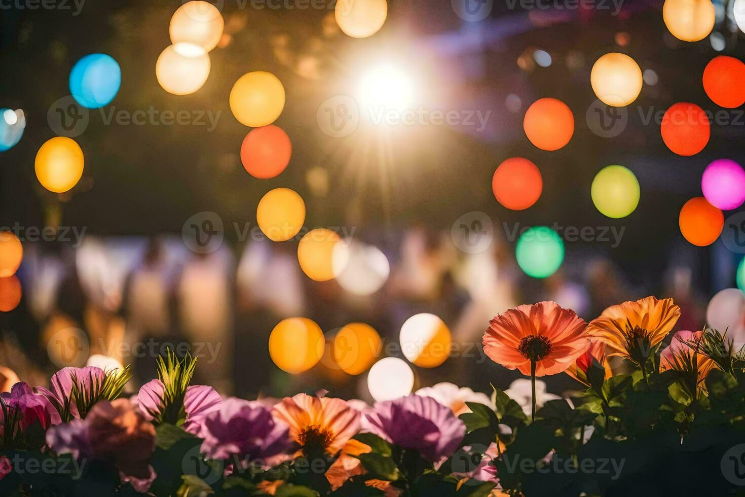 fiori nel il giardino a notte con luci. ai-generato foto