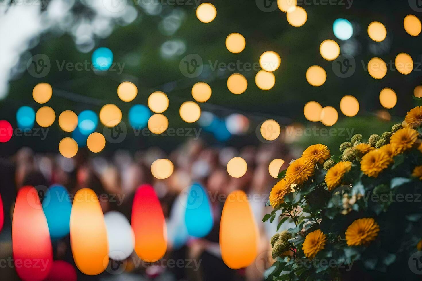 un' gruppo di persone siamo in piedi nel davanti di un' colorato leggero corda. ai-generato foto