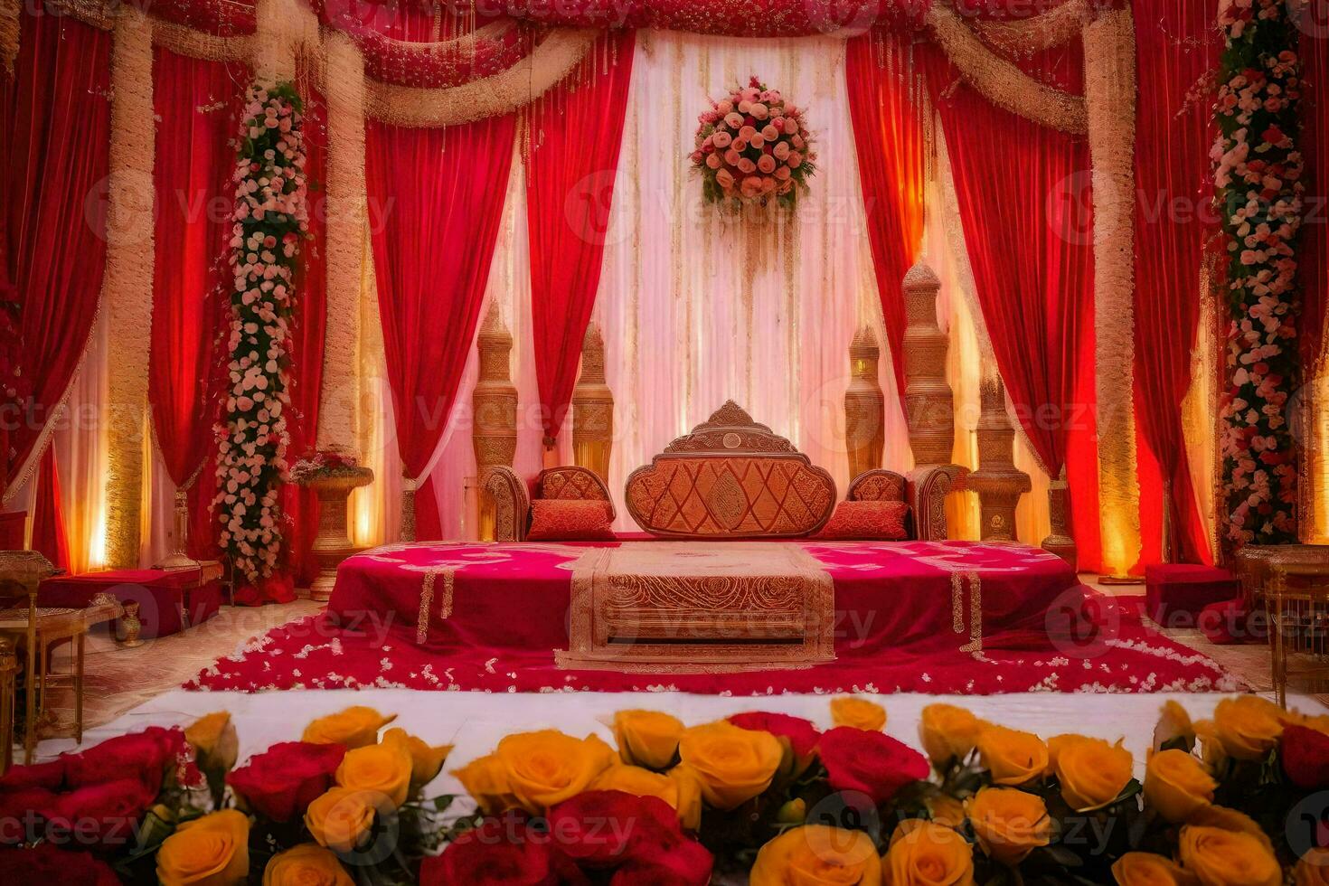 un indiano nozze cerimonia con rosso e oro decorazioni. ai-generato foto