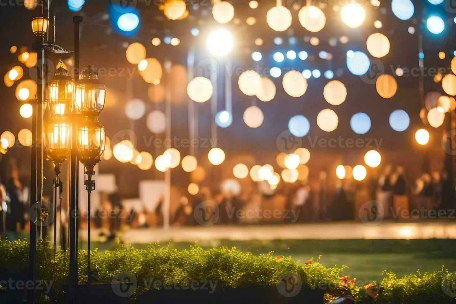 un' grande all'aperto evento con luci e fiori. ai-generato foto