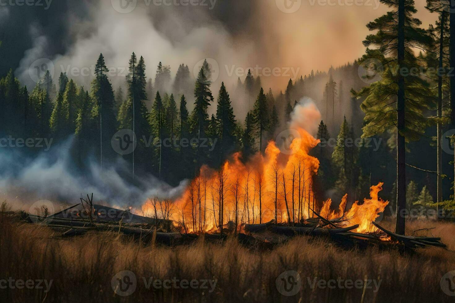 un' fuoco ustioni nel il foresta con alberi e erba. ai-generato foto