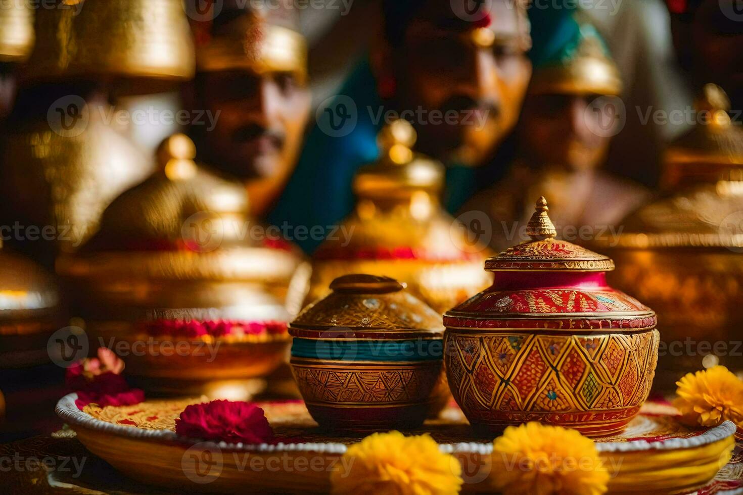 indiano nozze cerimonia con oro e rosso decorazioni. ai-generato foto