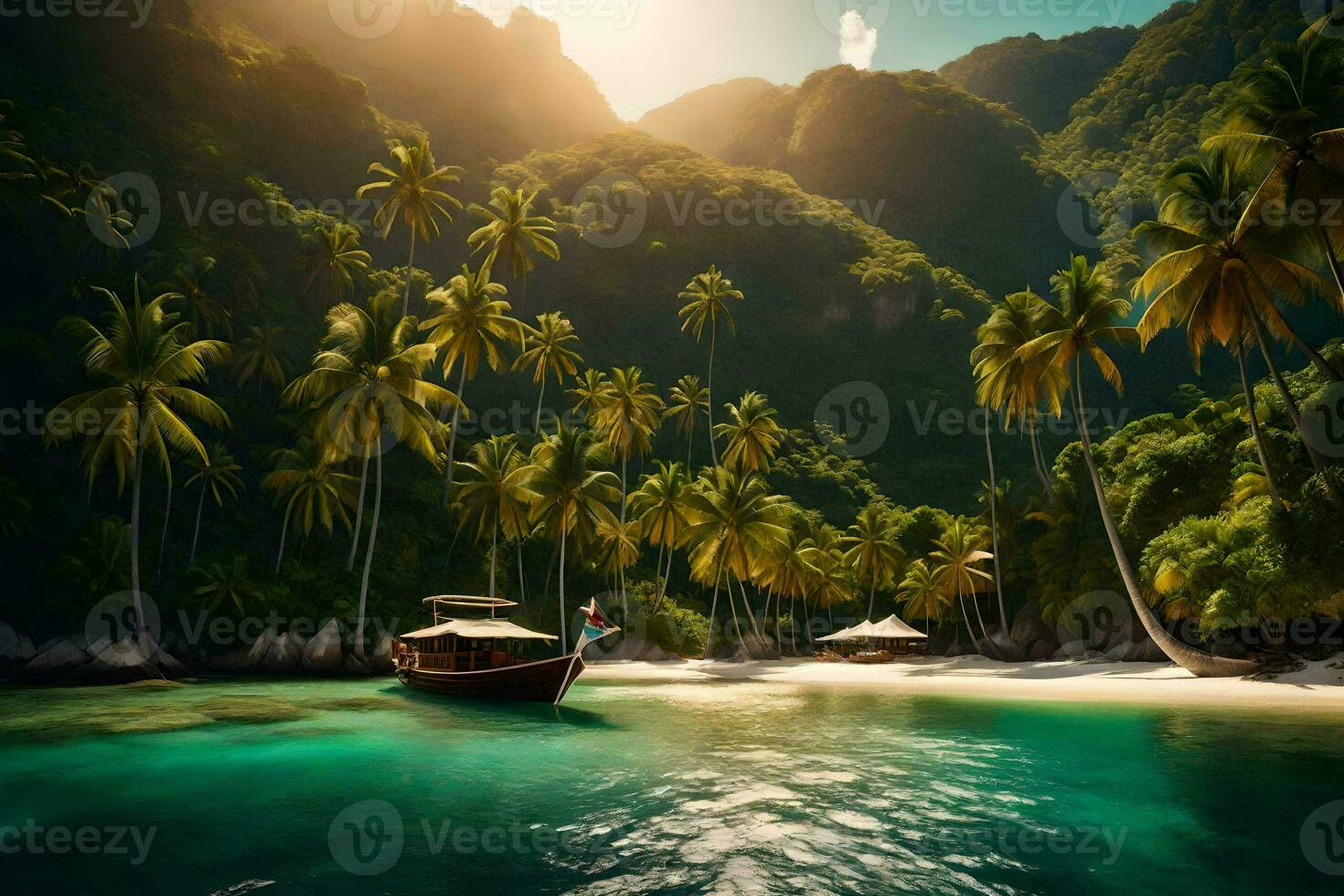 un' barca si siede su il spiaggia nel davanti di palma alberi. ai-generato foto