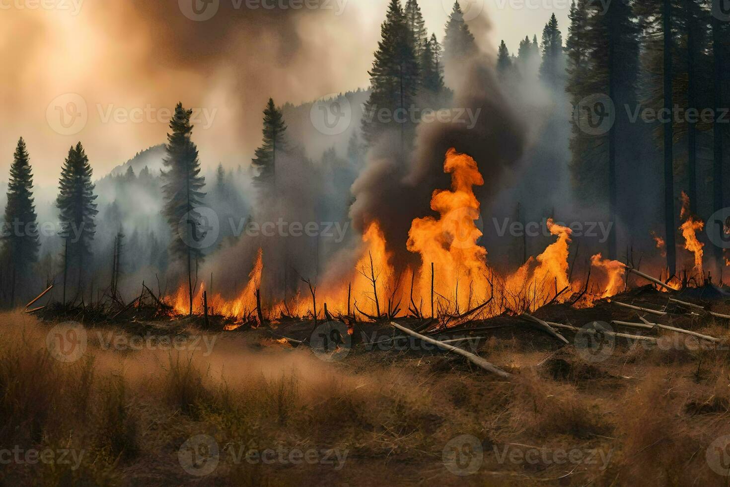 un' foresta fuoco ustioni nel il sfondo. ai-generato foto