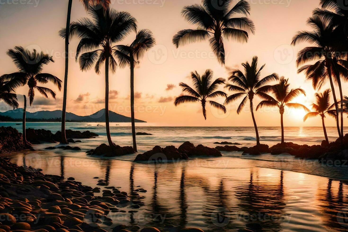 palma alberi su il spiaggia a tramonto. ai-generato foto