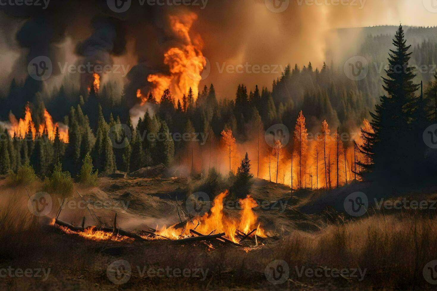 un' foresta fuoco nel il montagne. ai-generato foto