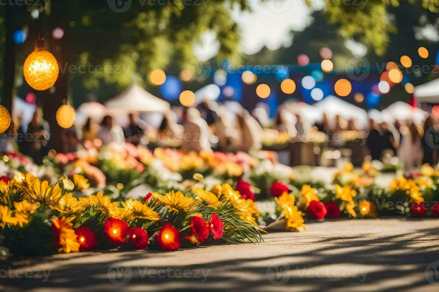 un' strada con fiori e luci. ai-generato foto