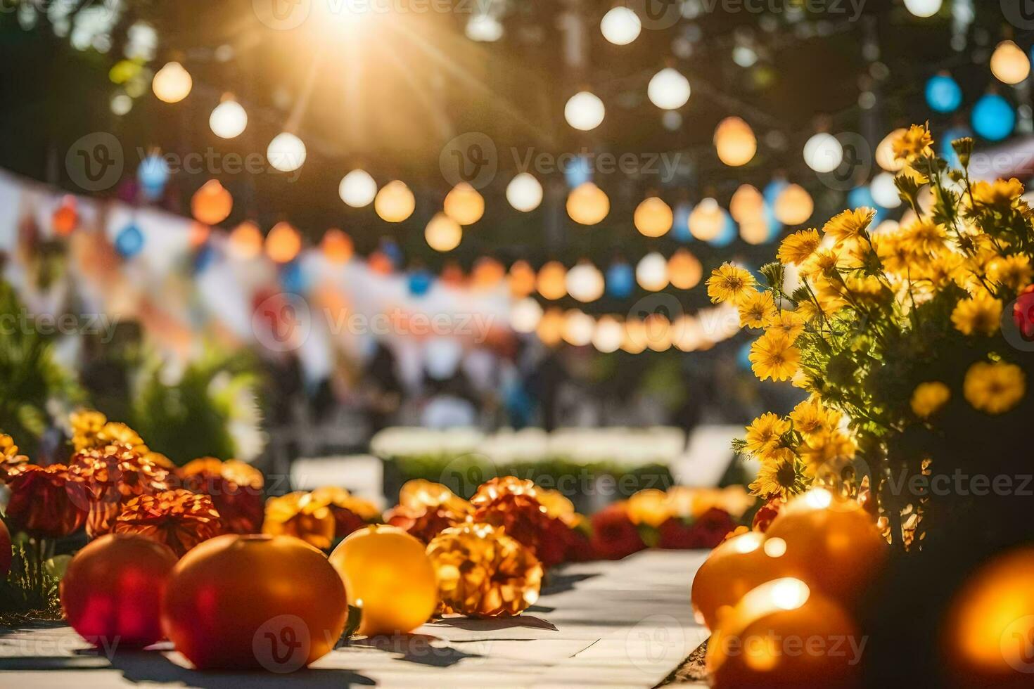 colorato zucche e fiori nel un' giardino. ai-generato foto