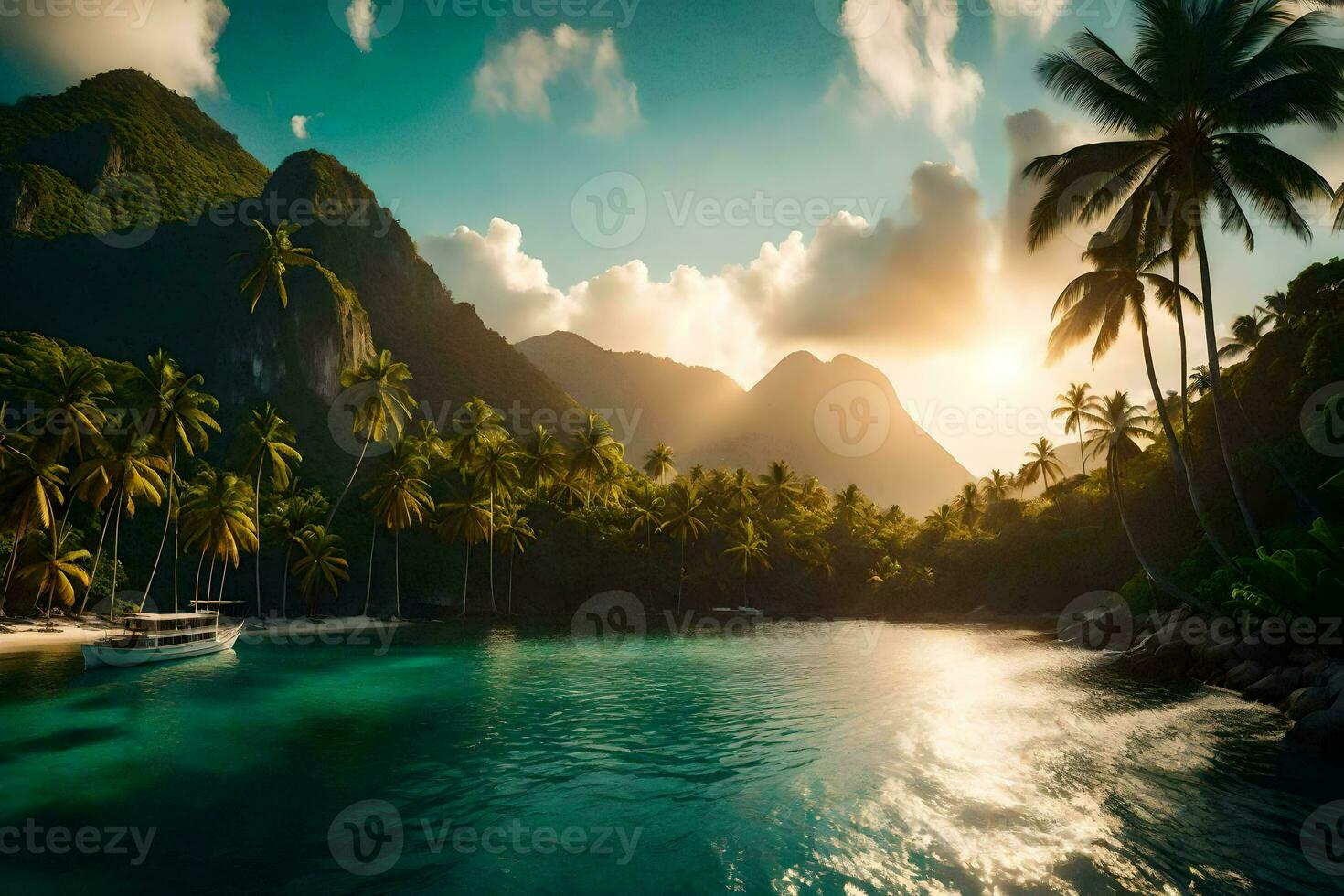 il sole brilla al di sopra di un' tropicale isola con palma alberi. ai-generato foto