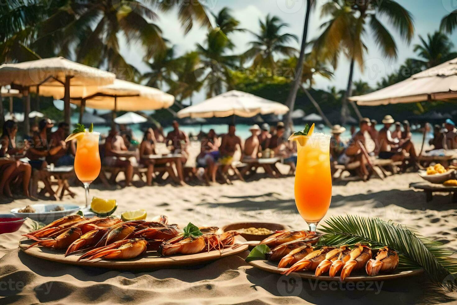 un' tavolo con gamberetto e bevande su il spiaggia. ai-generato foto