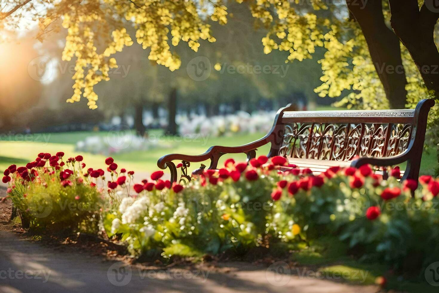 un' parco panchina con rosso tulipani nel il sfondo. ai-generato foto