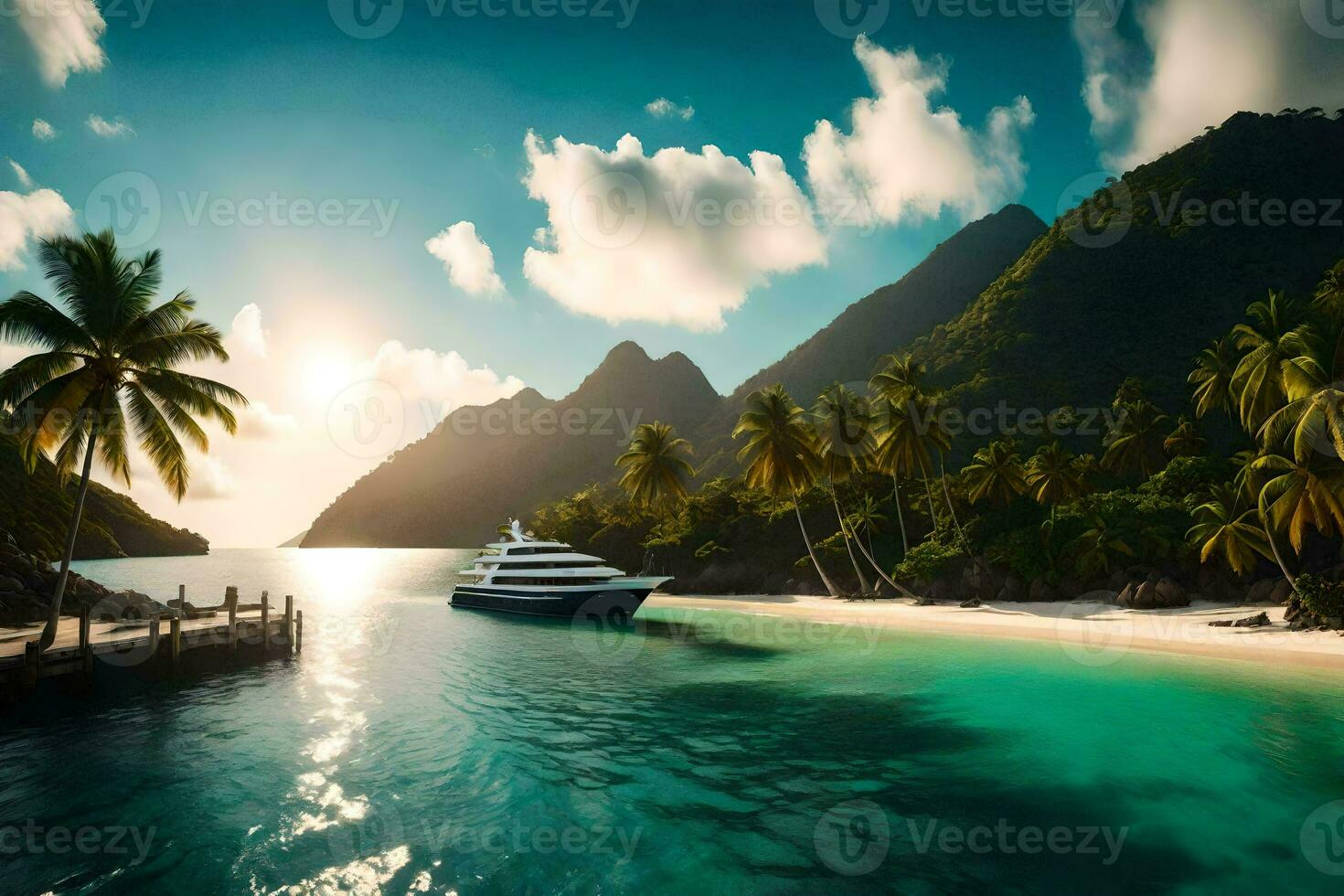 un' yacht attraccato nel il oceano vicino un' tropicale isola. ai-generato foto