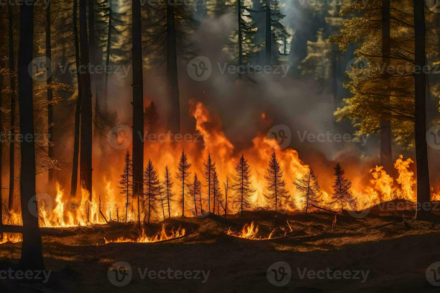 un' foresta fuoco nel il mezzo di un' foresta. ai-generato foto