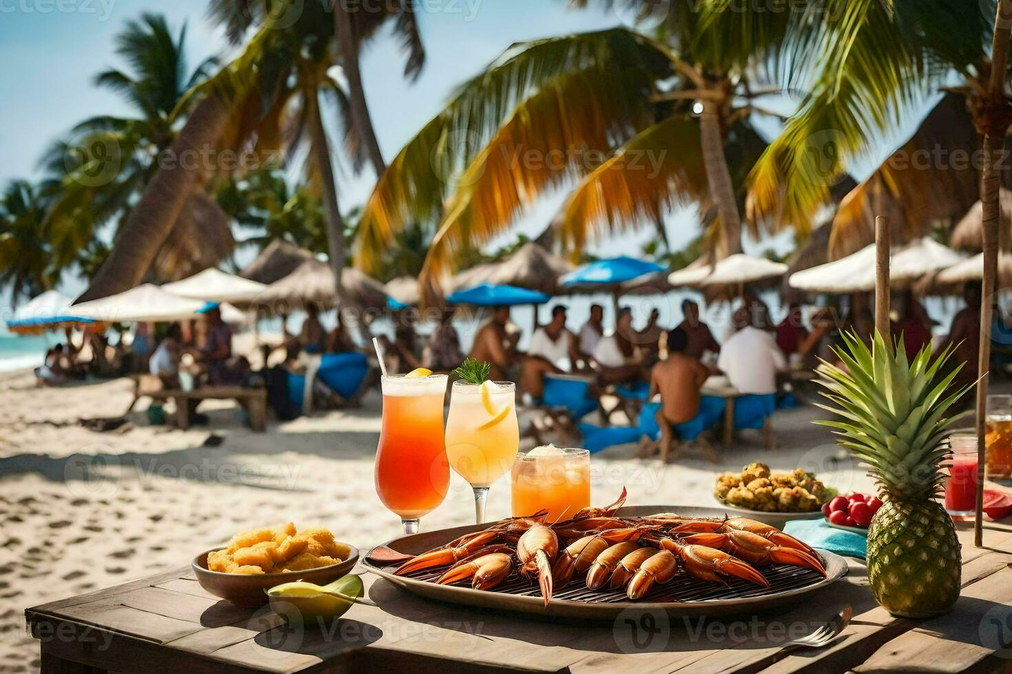 un' tavolo con cibo e bevande su il spiaggia. ai-generato foto