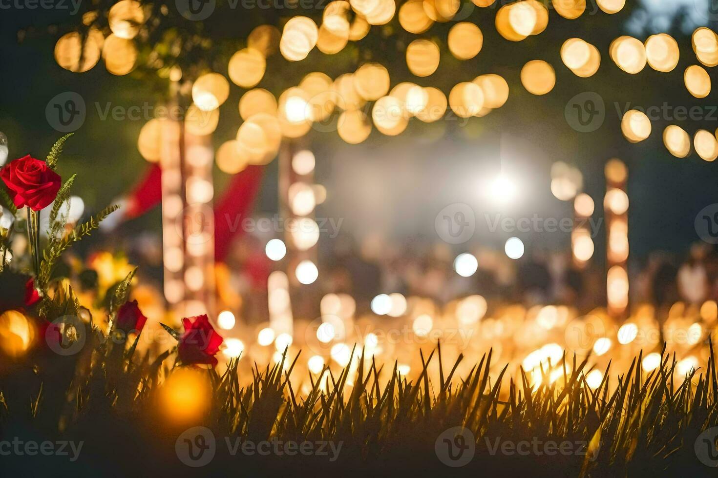 un' campo di fiori e luci a notte. ai-generato foto