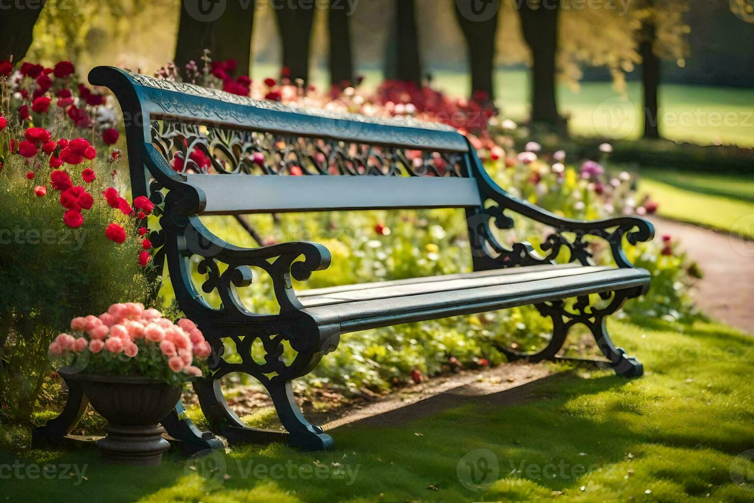 un' parco panchina è nel davanti di un' fiore giardino. ai-generato foto