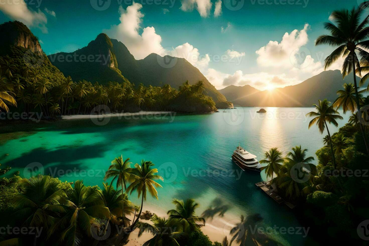 un' barca nel il oceano circondato di palma alberi. ai-generato foto