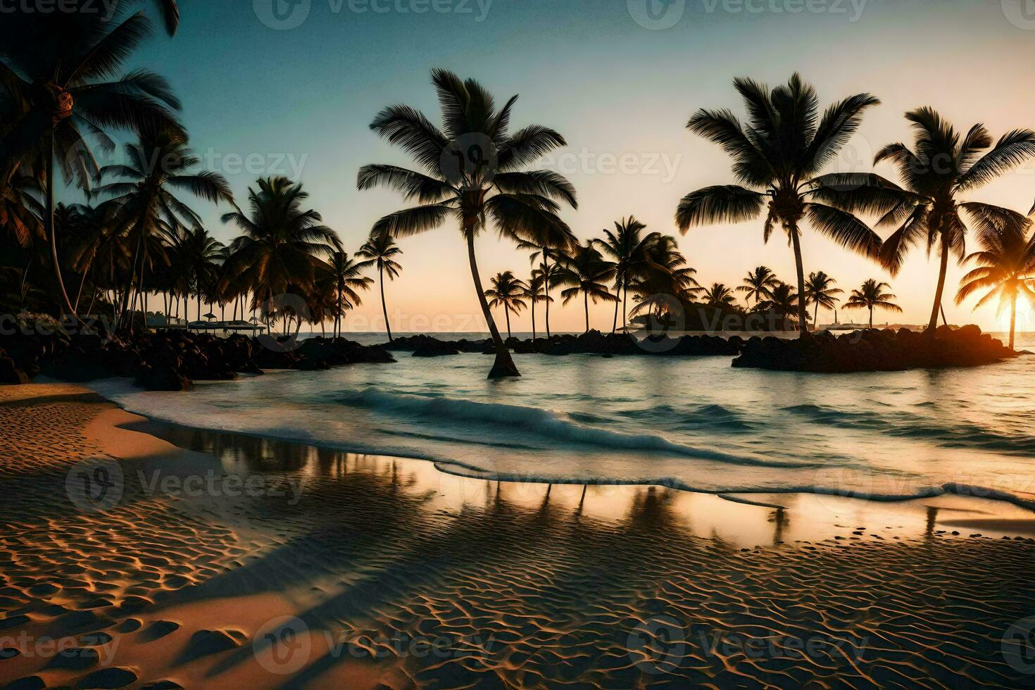 il sole imposta al di sopra di il oceano e palma alberi su un' spiaggia. ai-generato foto