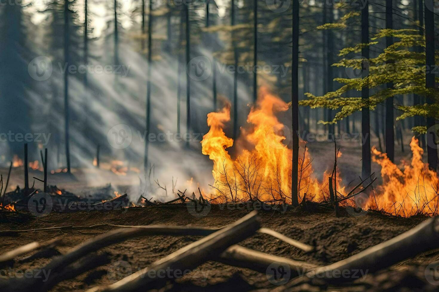 un' foresta fuoco nel il mezzo di un' foresta. ai-generato foto