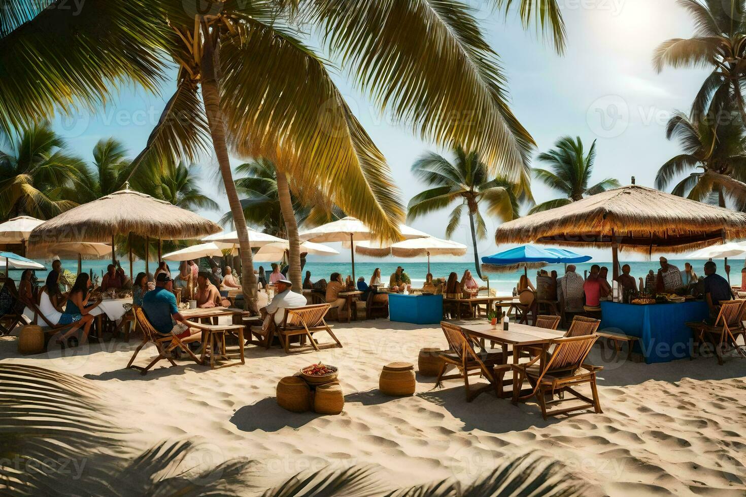 un' spiaggia con tavoli e ombrelli su il sabbia. ai-generato foto