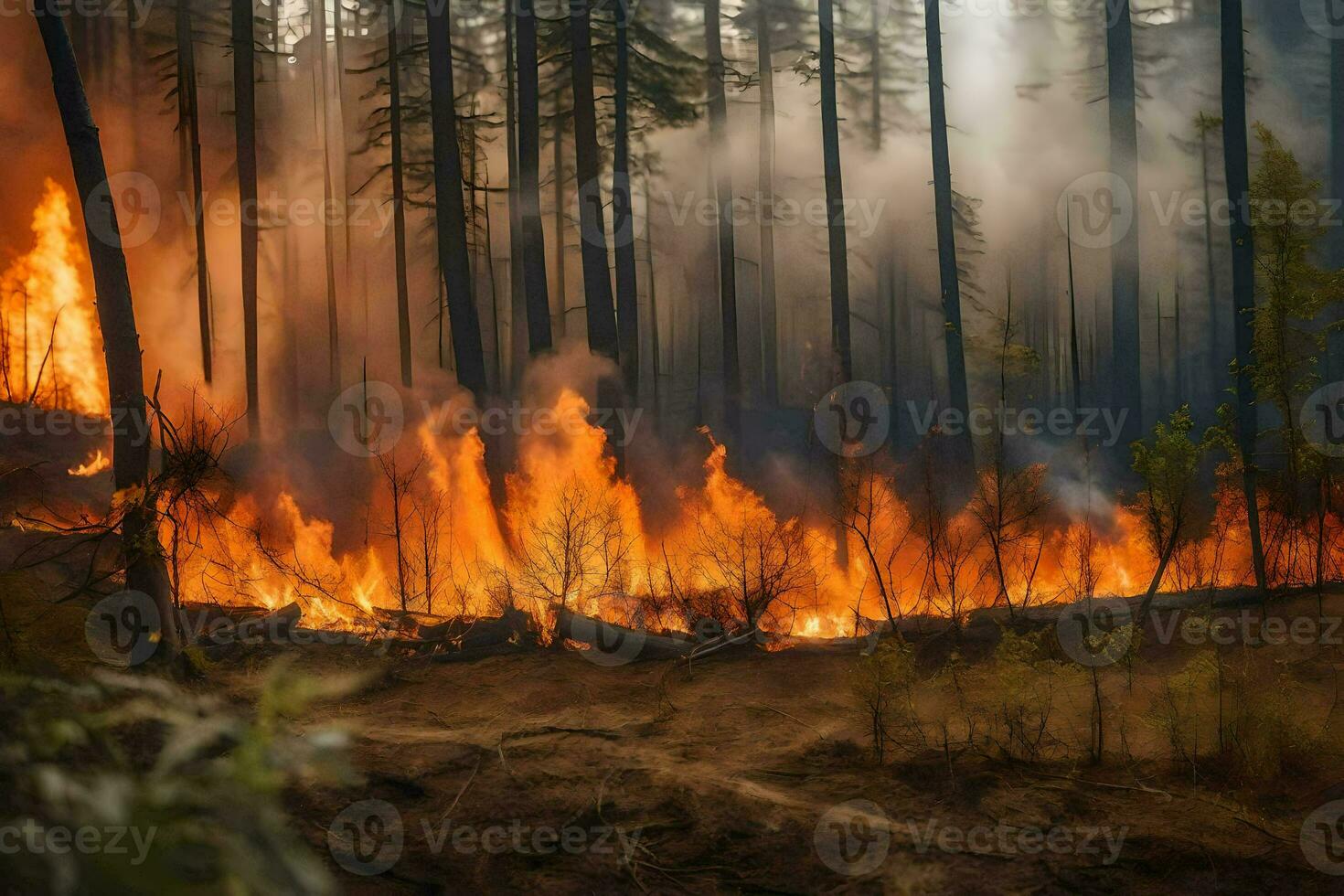 un' foresta fuoco è ardente nel il boschi. ai-generato foto